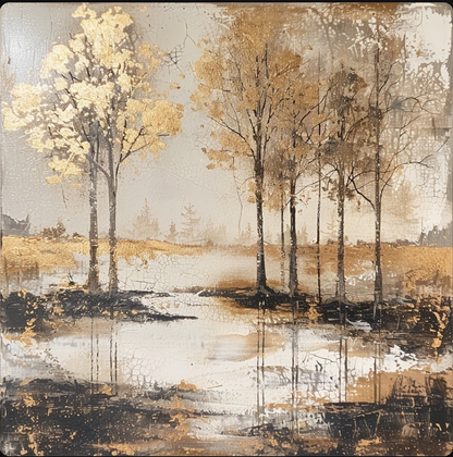 Artistic depiction of trees by a lake with a textured background